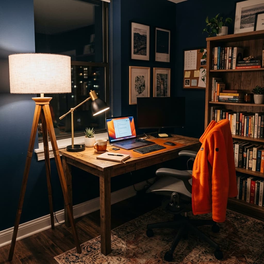 Home office workspace at night